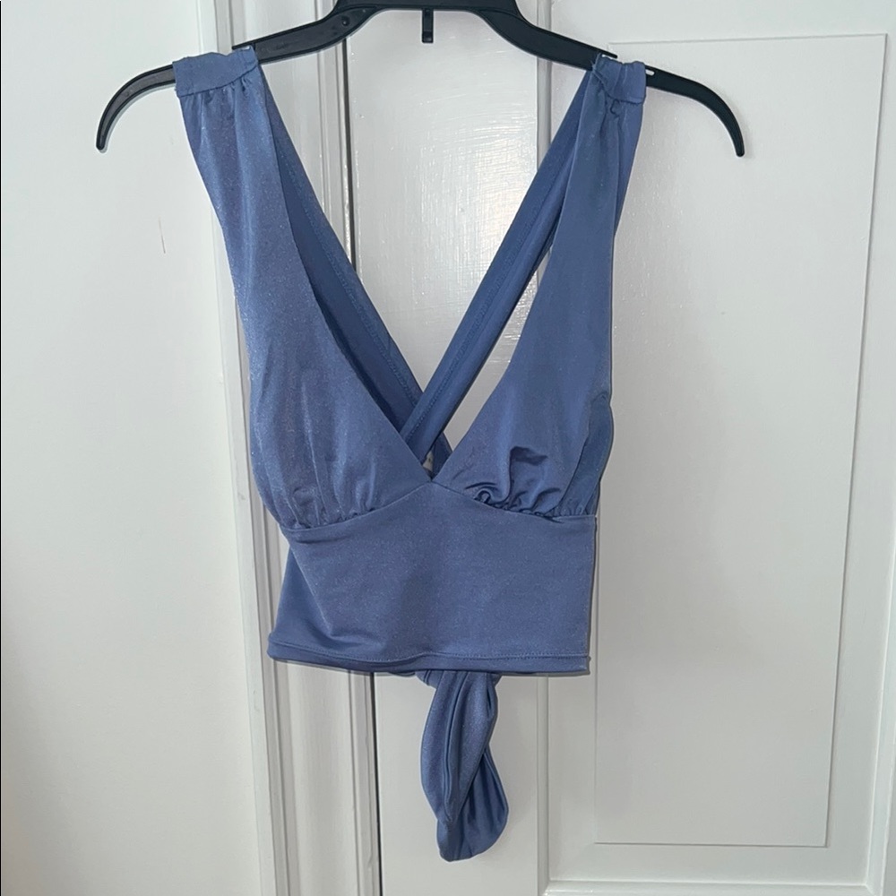 Dusty Blue Sleeveless Wrap Tank Top with Tie Back